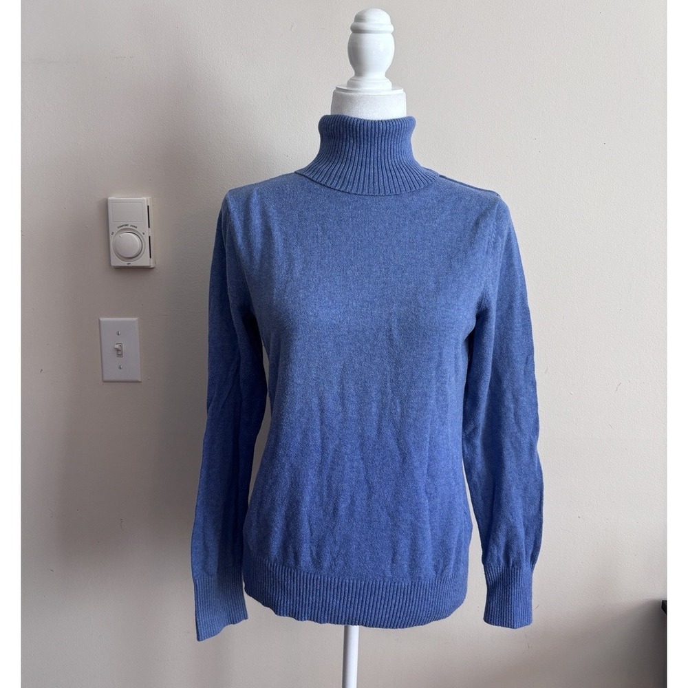 LL Bean Womens XS Cotton Cashmere Turtleneck Sweater‎ Blue Cottage Coastal Cozy